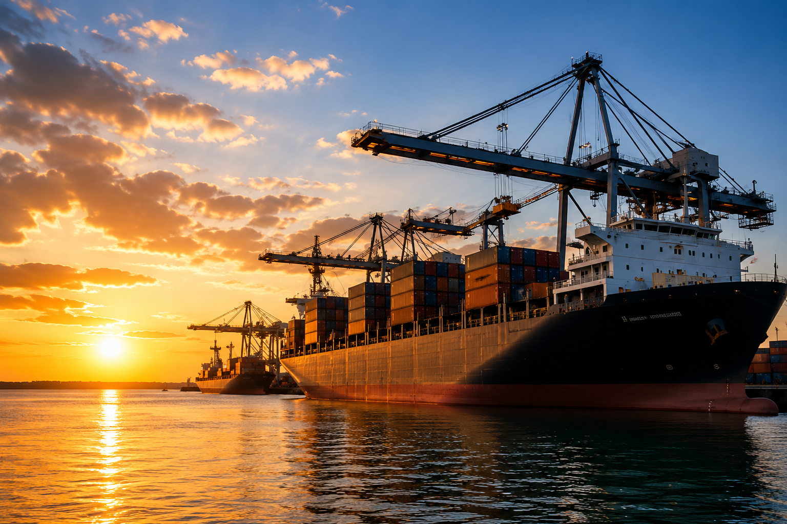 Container ship at sunset
